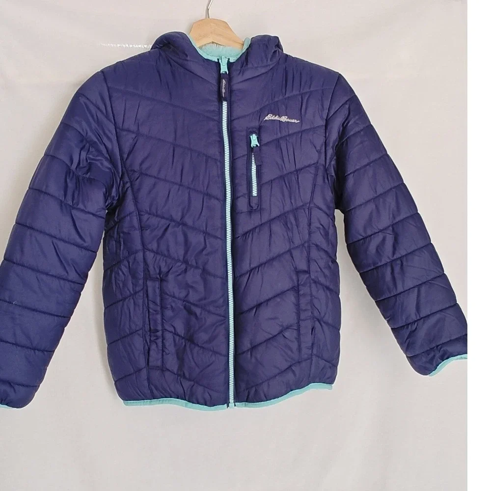 Eddie Bauer Youth Reversible Puffer‎ Jacket Light Blue Navy Hood Fleece M 10 12